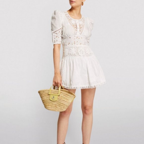 LoveShackFancy White Divine Short Puff Sleeve Embroidered Lace Floral Mini Dress - Picture 10 of 11